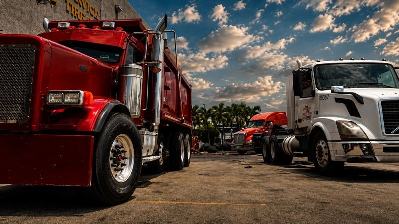 Red Alex Truck Tire dump trucks and semi-trucks parked at the Medley, Florida yard at sunset